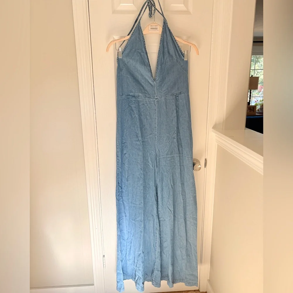 Free People Light Blue Denim Halter Jumpsuit